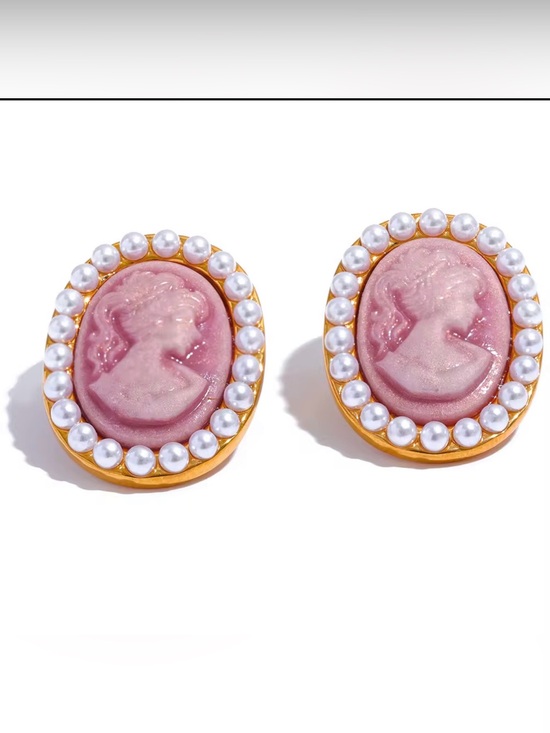 Sara Sotti Jewelry - Sara Sotti Pink Cameo Pearl Gold Tone Stud Earrings